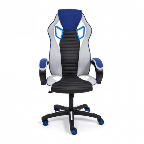 Кресло PILOT кож/зам/ткань, черный перфорированный/св.серый/синий, 36-6/06/TW-14/3D синий. Фото №2